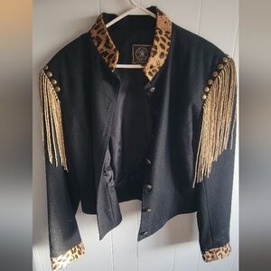 Double D Ranch Black Jacket with Tan Fringe and Leopard Accents